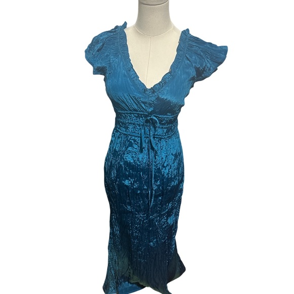 New J.Crew Palermo Crinkle Maxi Dress Nordic Sea Blue Flutter Sleeve V Neck XXS - Picture 3 of 8